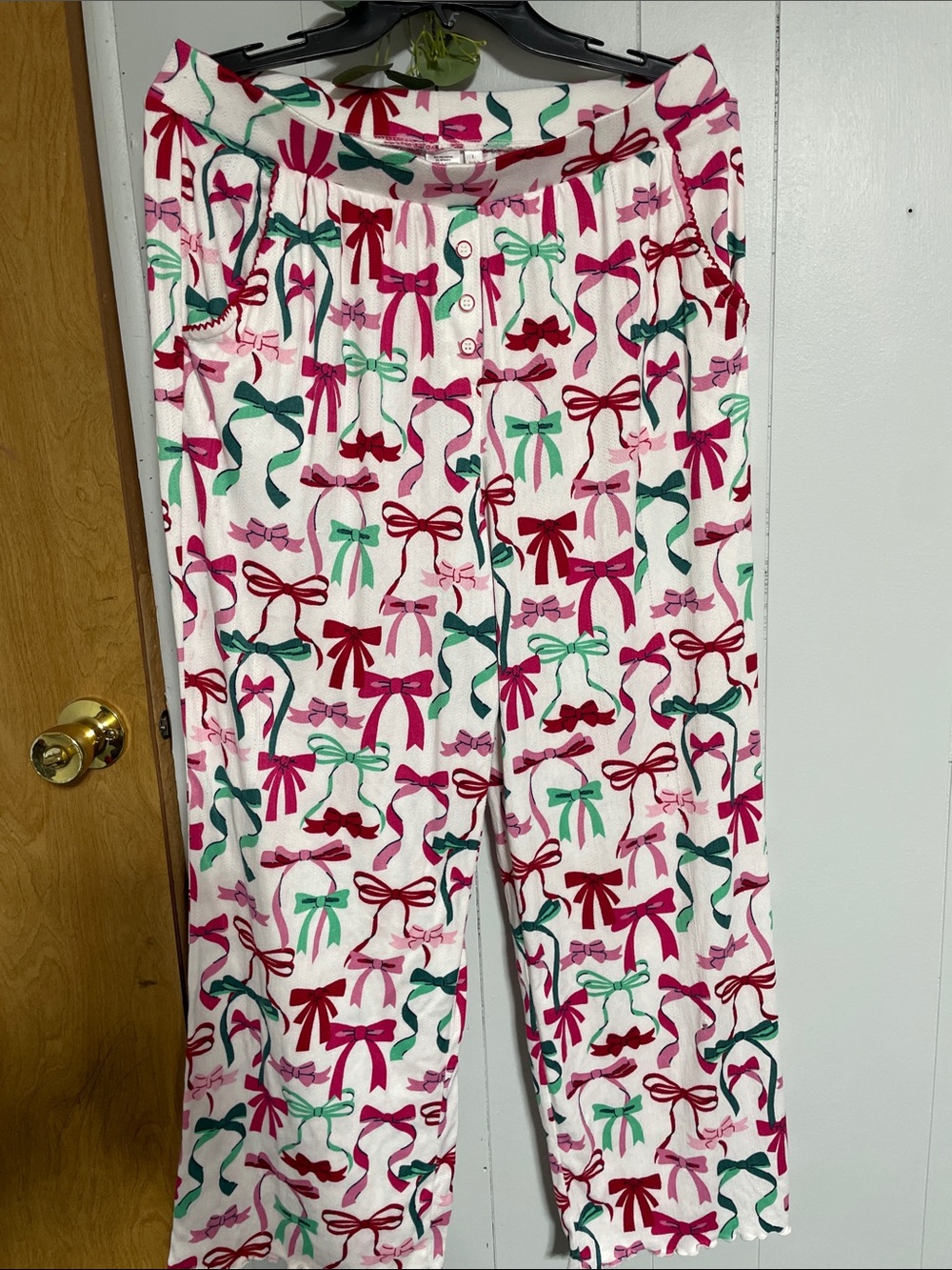 Women's Pink Bow-Print Pajama Pants with Green & Red Accents